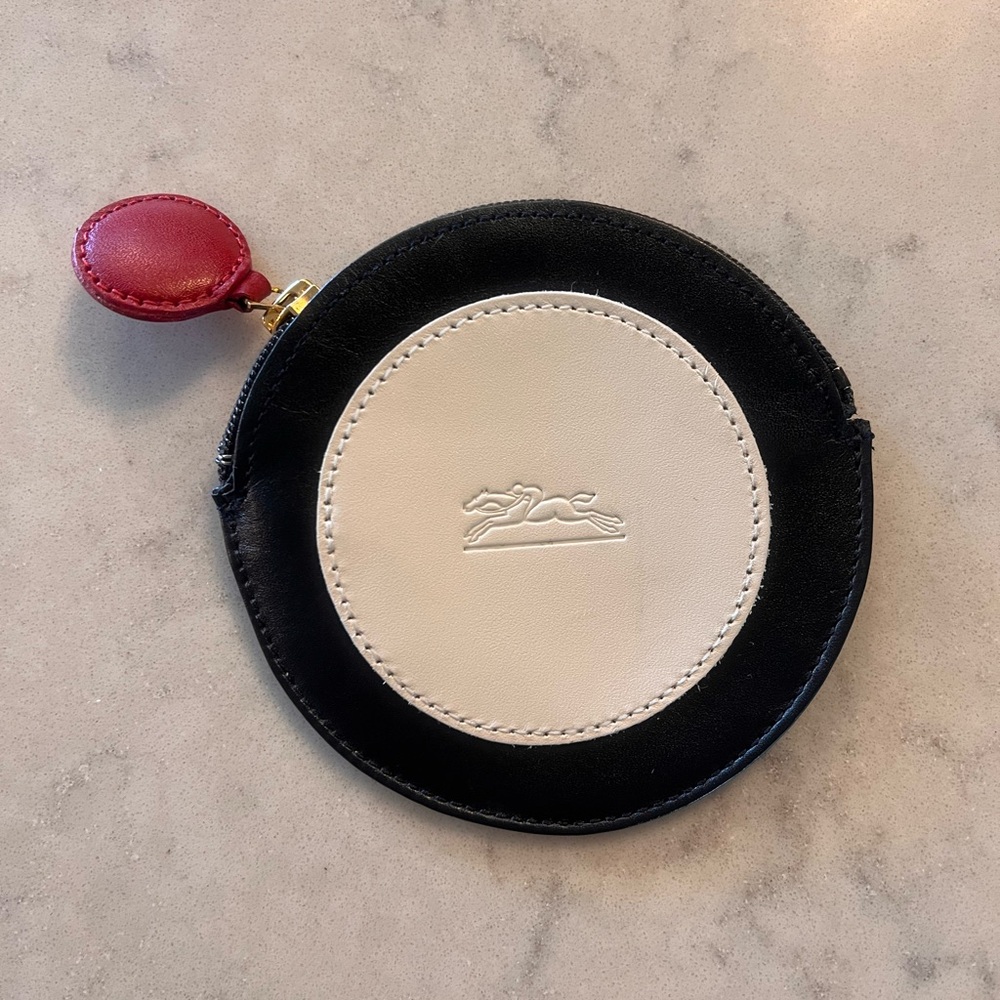 Round Longchamp Coin Purse, Black, Red & White, Never Used